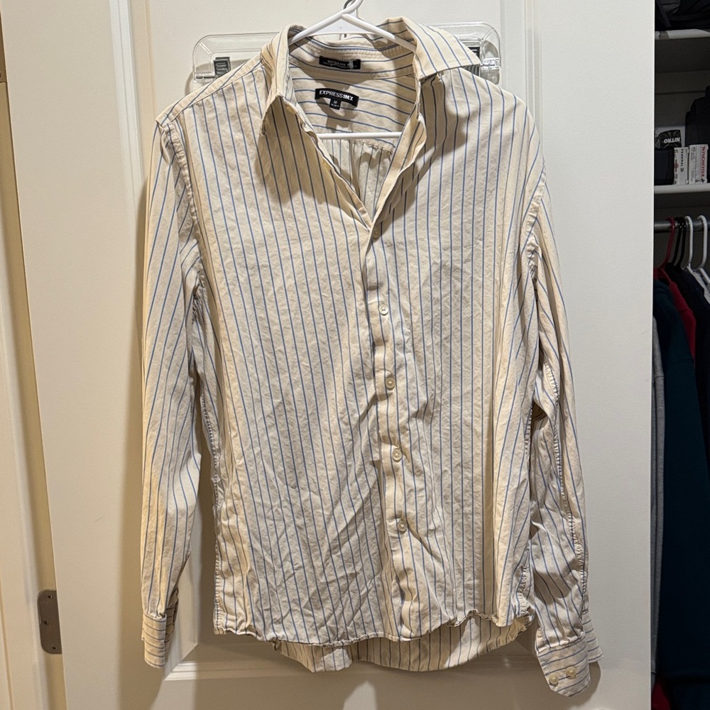 Express Beige and Blue Striped Button-Down Shirt